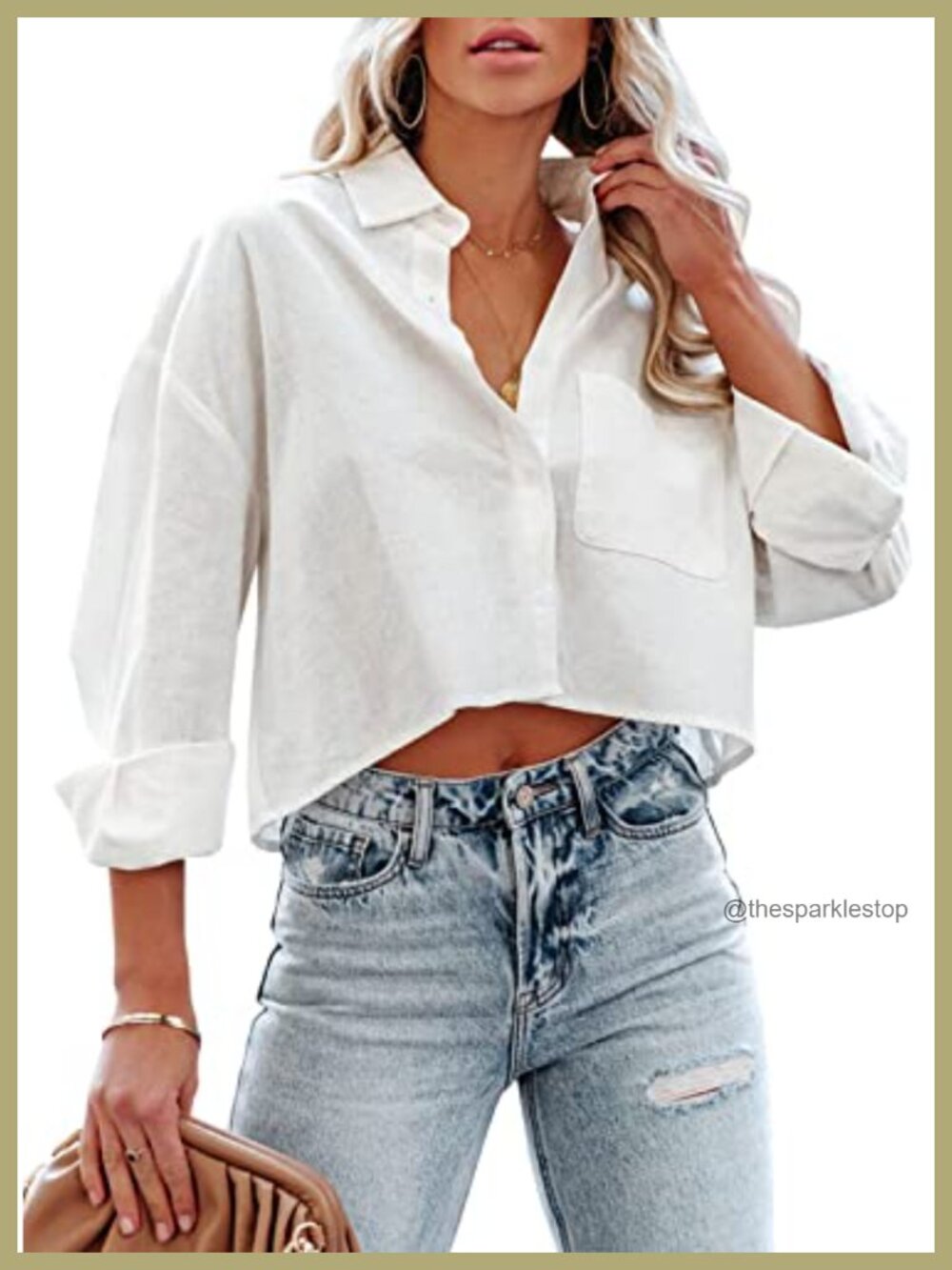 Women's 100% Cotton Cropped Button Down Long Sleeve Blouse
